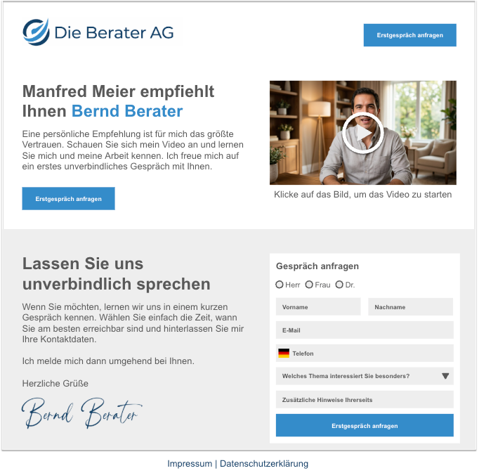 Pers&ouml;nliche Empfehlungsseite mit Kontaktformular